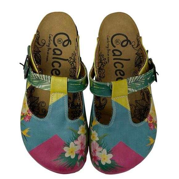 Calceo Comfort Clogs Sz 38(US 7.5–8)Hand Painted Floral Mary Jane Slip On Shoes - Picture 1 of 8